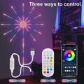 A white usb-powered firework led strip with music sync rgbic color changing, control box, remote, and smartphone app