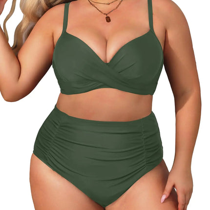 Aqua Eve Women Plus Size Underwire Bikini Two Piece Swimsuit High Waisted Tummy Control Bathing Suit Army Green 14W