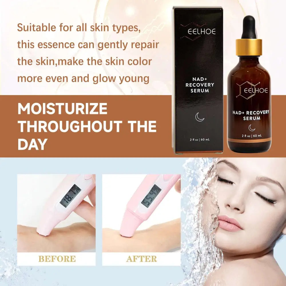 Eelhoe facial fluid nad recovery eelhoe fluid anti-aging serum in dark amber glass bottle with gold dropper and black packaging