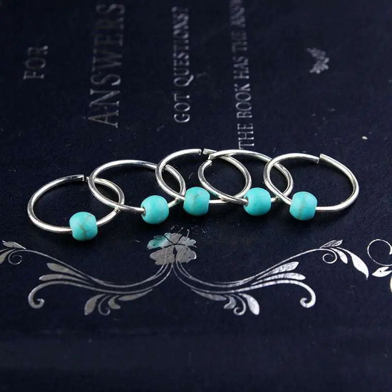 Five silver metal ring charms with round turquoise beads for natural lycopose stone decorated bead hair ties