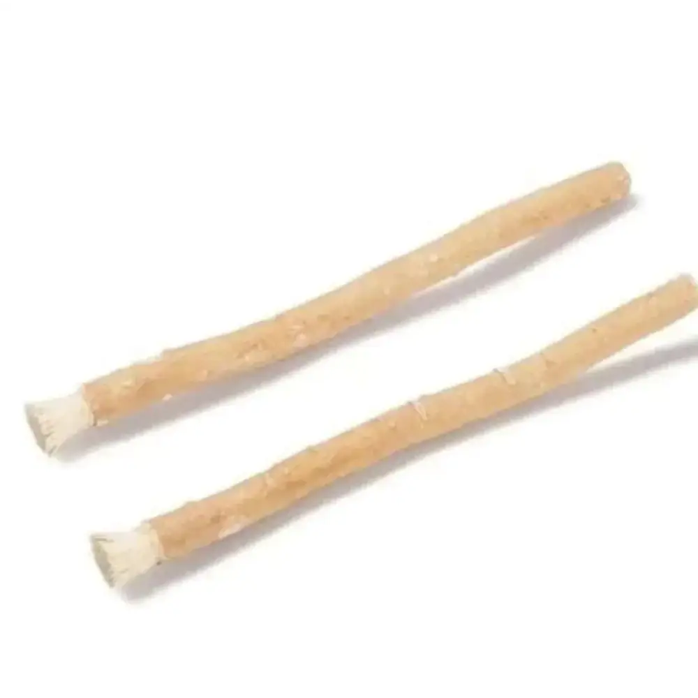 Two natural light beige neem twigs with tapered ends for effective natural miswak tooth cleaning stick use
