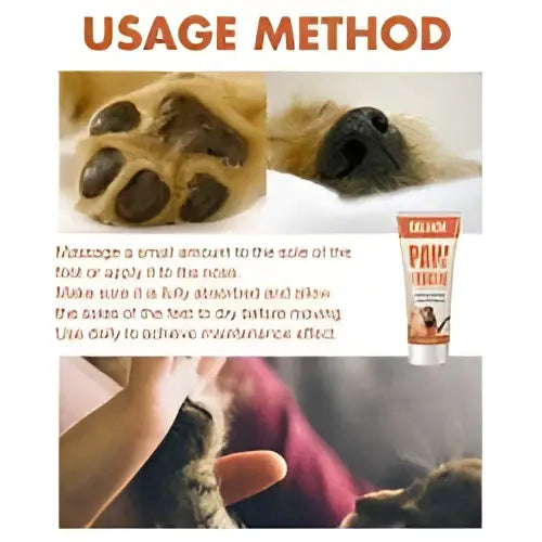 A small orange tube of natural pet foot care claw balm with paw rescue natural formula to relieve cracking