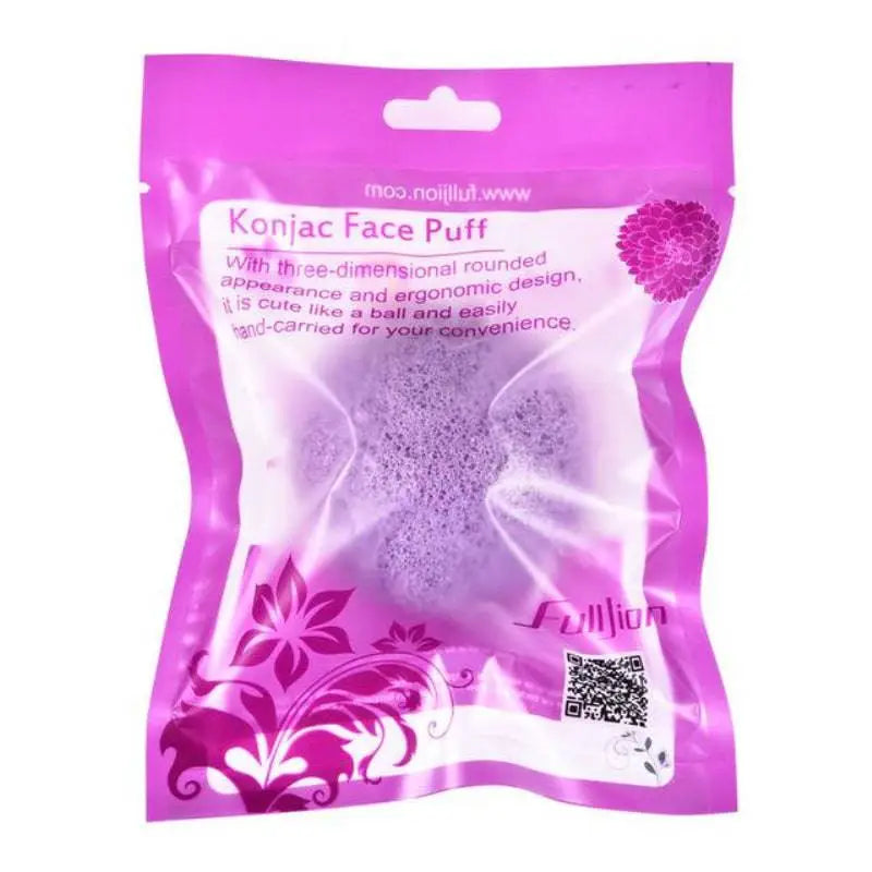 Natural round shap konjac sponge face cleaning puff in purple with pink and white packaging for gentle cleansing