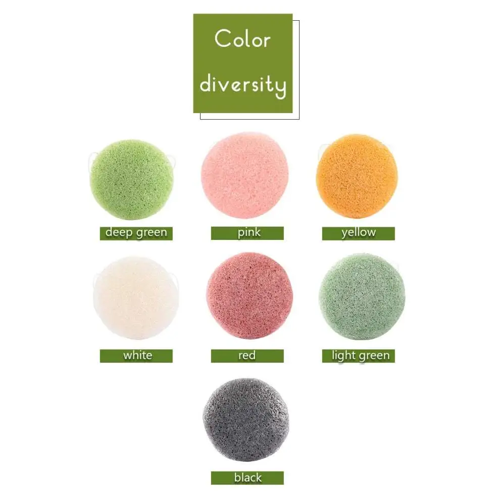Natural round shap konjac sponge face cleaning puff available in deep green pink yellow white red light green and black colors