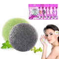 Natural round shap konjac sponge face cleaning puffs in gray and green porous material with floral package design