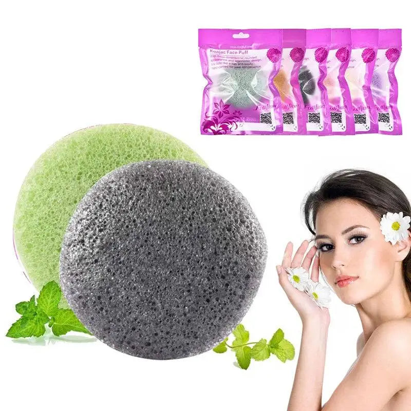 Natural round shap konjac sponge face cleaning puffs in gray and green porous material with floral package design