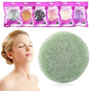 Natural round shap konjac sponge face cleaning puff in green with a porous textured surface for gentle cleansing