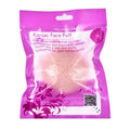A pink natural round shap konjac sponge face cleaning puff in purple and white floral packaging bag