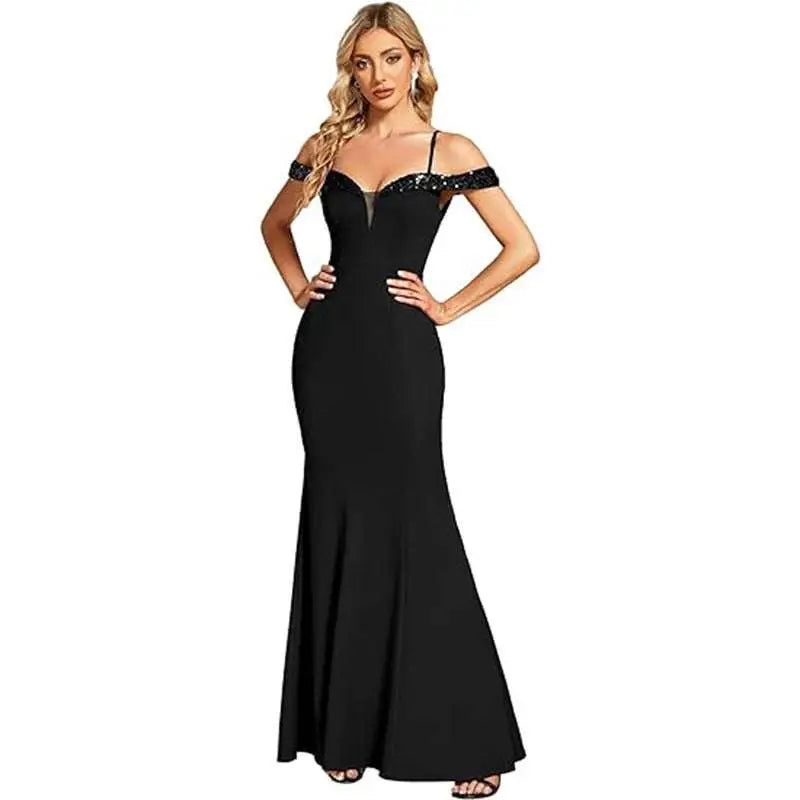 Black off-the-shoulder mermaid gown with sequined straps and fitted silhouette for elegant sling evening long wear
