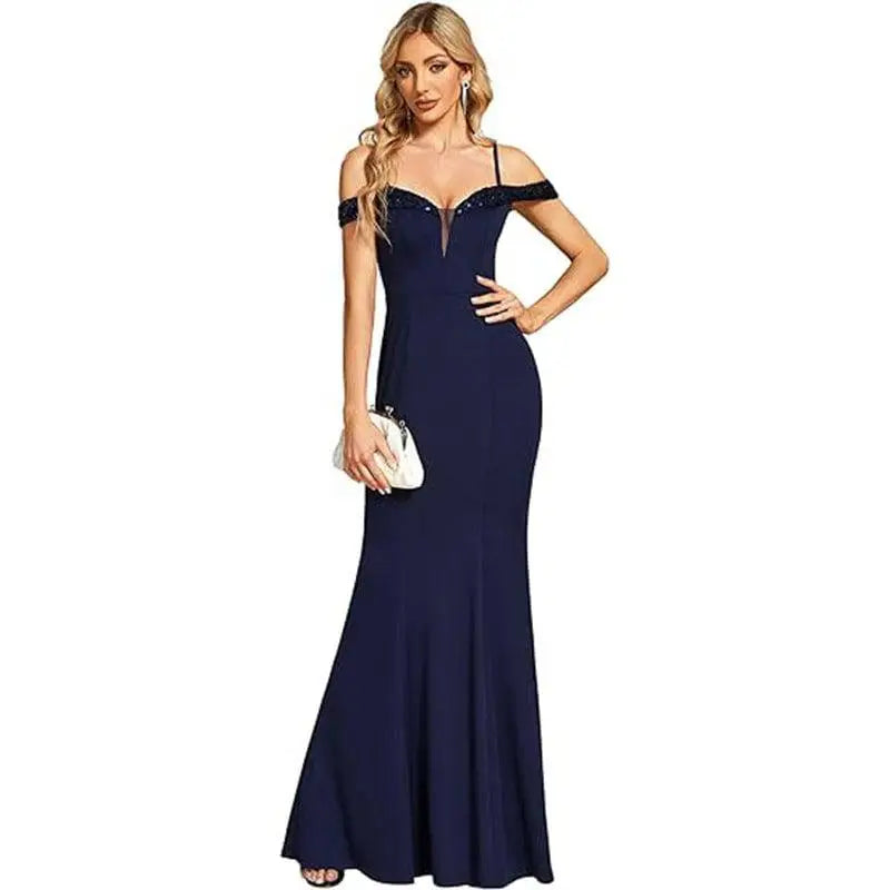 Navy beaded sling evening long dress featuring an off-the-shoulder mermaid gown with thin straps and a beaded bodice