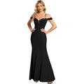 Black off-the-shoulder mermaid gown with sequined straps and fitted silhouette resembling a navy beaded sling evening long dress