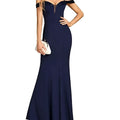 Navy beaded sling evening long off-the-shoulder mermaid gown with beaded bodice and sheer neckline