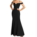 Black off-the-shoulder mermaid gown with sequined straps featuring a fitted silhouette for elegant evening wear