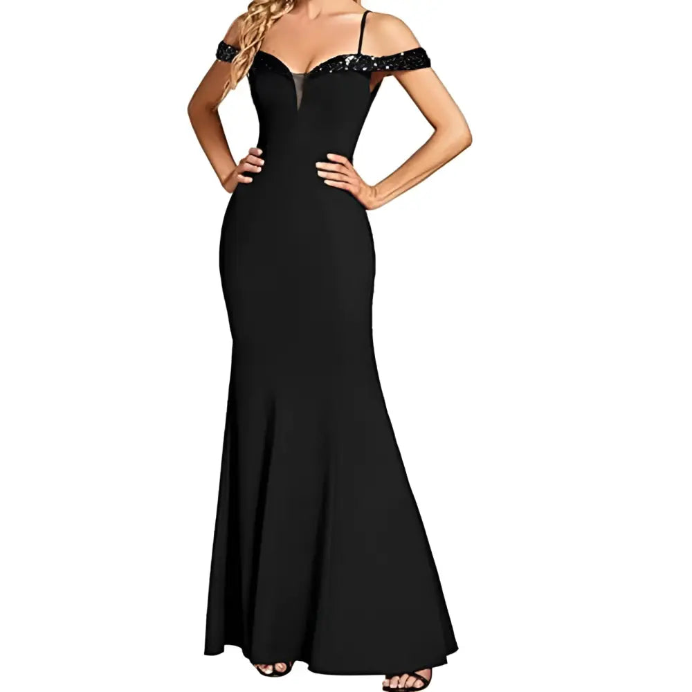 Black off-the-shoulder mermaid gown with sequined straps featuring a fitted silhouette for elegant evening wear