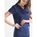 Navy blue short-sleeved scrub top with v-neckline and side pockets for a beauty salon workwear set