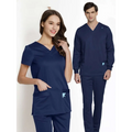 Navy blue beauty salon workwear set with light blue arrow accents on pockets designed for nail technicians