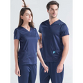 Navy blue beauty salon workwear set with light blue accents short sleeves ideal for nail technicians and salon workwear