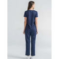 Navy blue short-sleeved scrubs top with a subtle logo on the back neckline perfect for beauty salon workwear