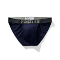 Navy blue cotton mens underwear briefs with black elastic waistband featuring firotti brand for skin dry comfort