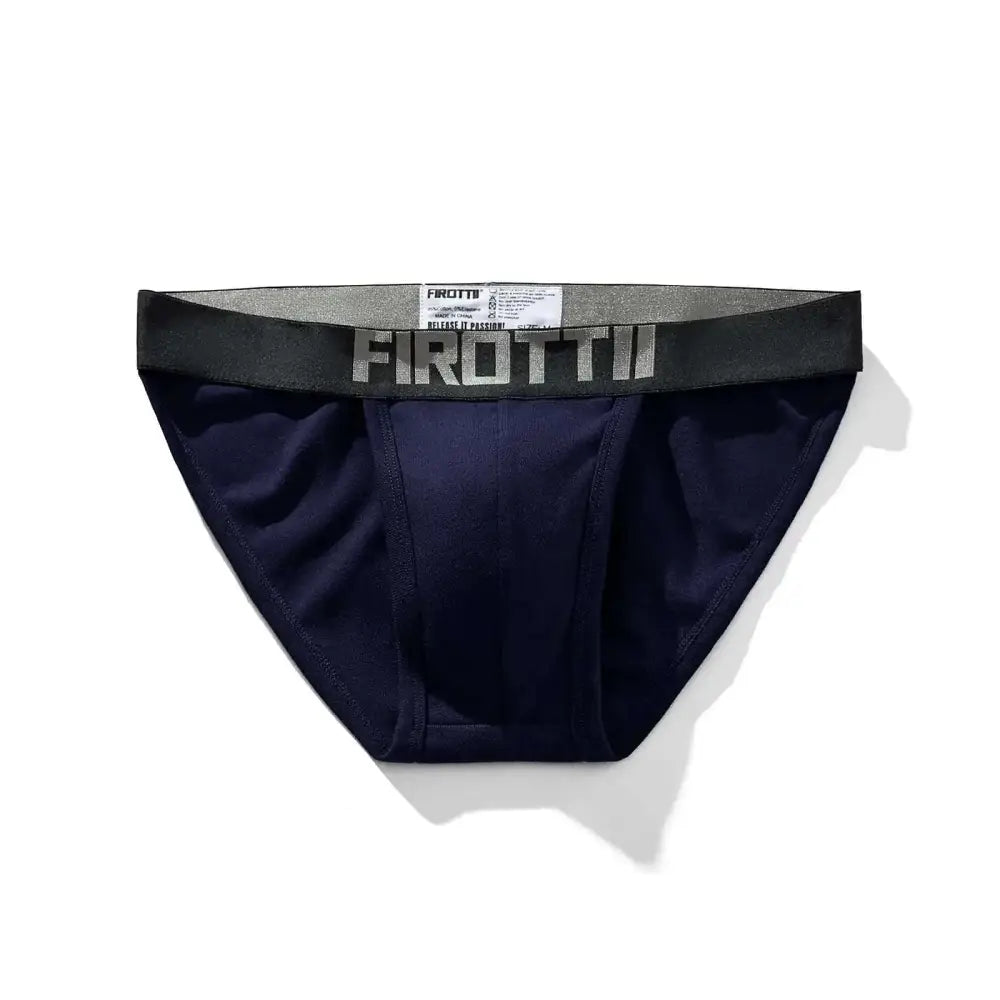 Navy blue cotton mens underwear briefs with black elastic waistband featuring firotti brand for skin dry comfort