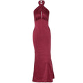 A sleek burgundy satin halter-neck gown with a fitted silhouette and elegant backless sleeveless satin design