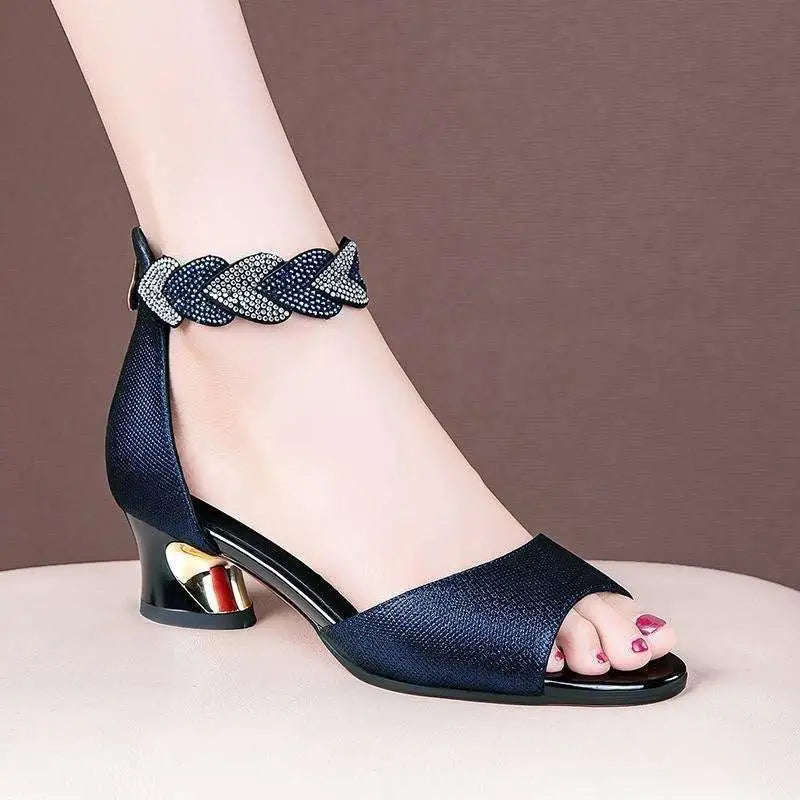 Navy blue fish mouth simple rhinestone ankle-strap sandal with braided strap and glossy gold red block heels
