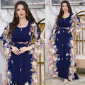 Navy blue floral print dress muslim features long sleeves and a matching belt in an elegant east print design