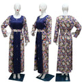 Navy blue floral east print dress with long sleeves, fitted waistband, and delicate beaded details on the front panel