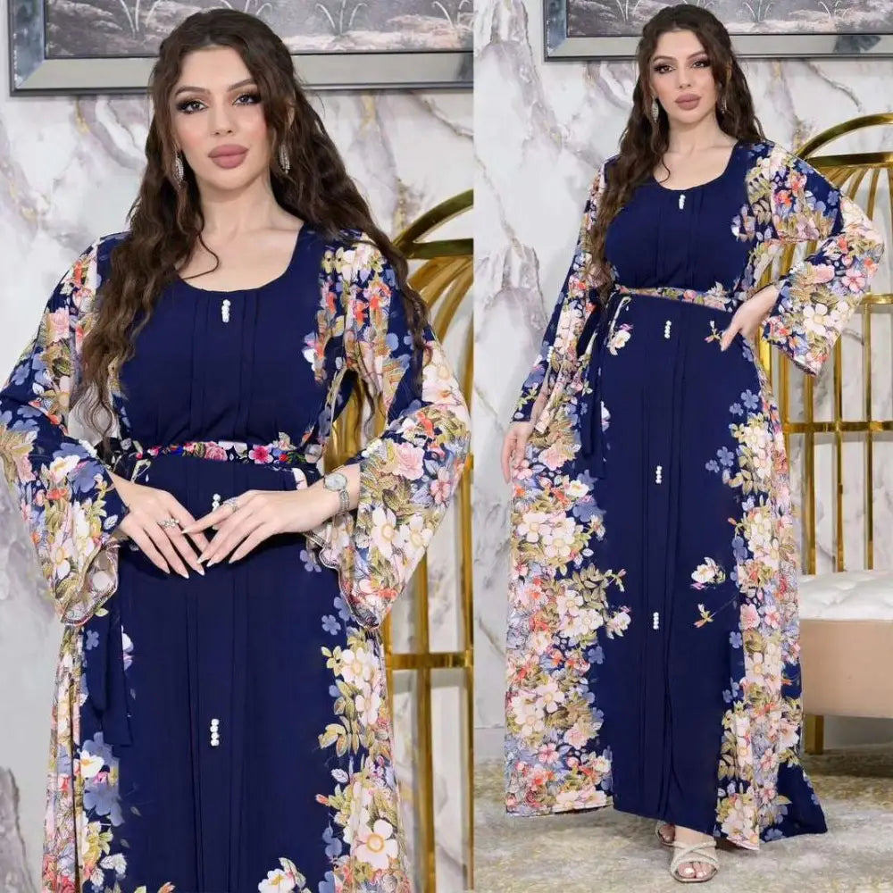 Navy blue floral east print dress with long sleeves and matching belt for modest print dress muslim wear
