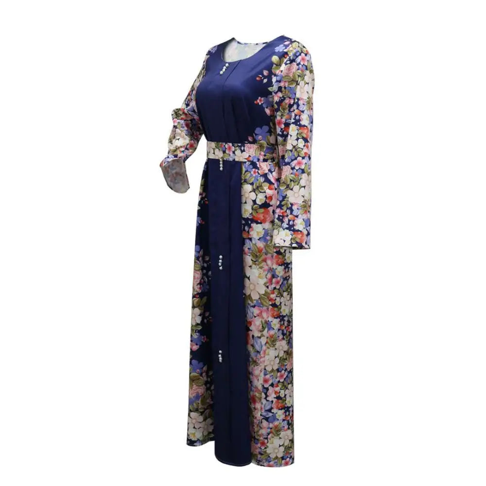 Navy blue floral long-sleeved east print dress muslim abaya with matching belt for modest wear