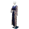 Navy blue floral east print dress with long sleeves fitted waistband soft fabric and delicate embroidery details