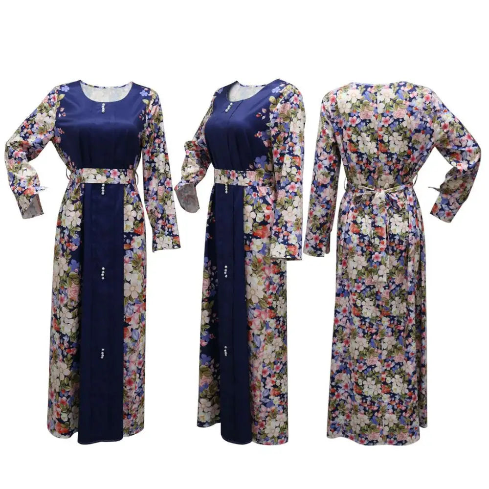 Navy blue floral print dress muslim with long sleeves fitted waistband and contrasting solid front panels east print dress