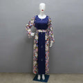 A navy blue floral east print dress with long sleeves and a fitted waistband suitable as a print dress muslim