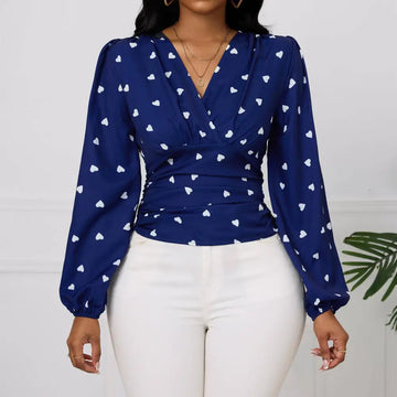 Navy blue heart casual printed long-sleeved blouse with white heart pattern and gathered waist for ladies fashionable casual wear