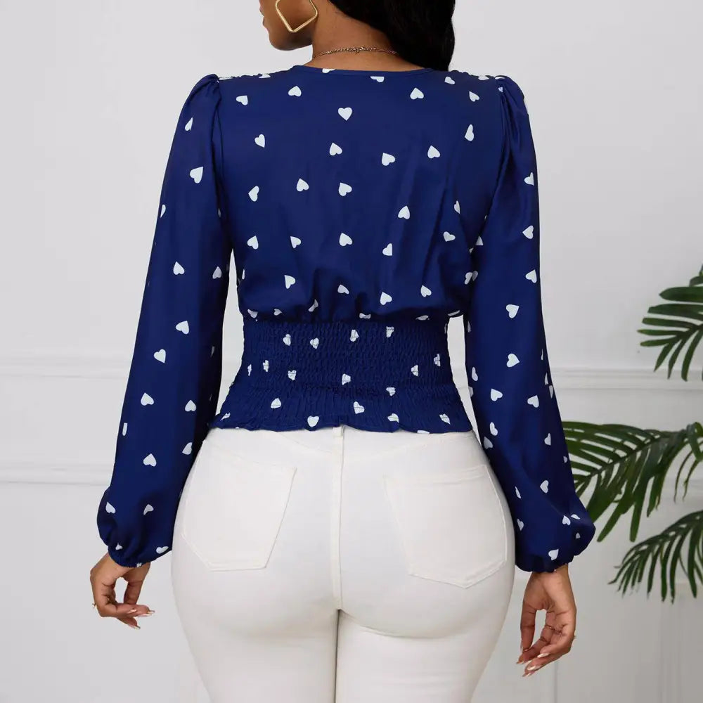 Navy blue heart casual printed ladies fashionable casual long-sleeved blouse with smocked waistband