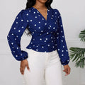 Navy blue heart casual printed ladies fashionable casual long-sleeved blouse with white heart pattern and gathered waist