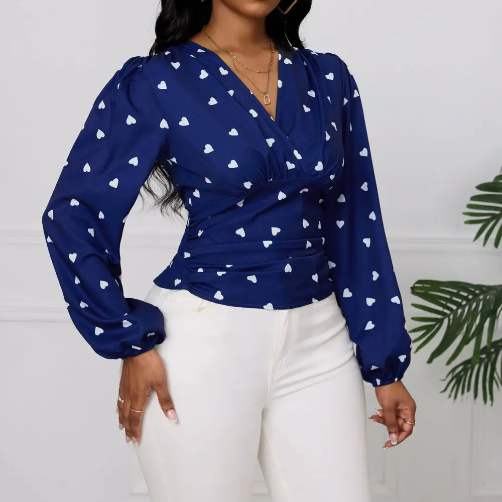 Navy blue heart casual printed ladies fashionable casual long-sleeved blouse with white heart pattern and gathered waist
