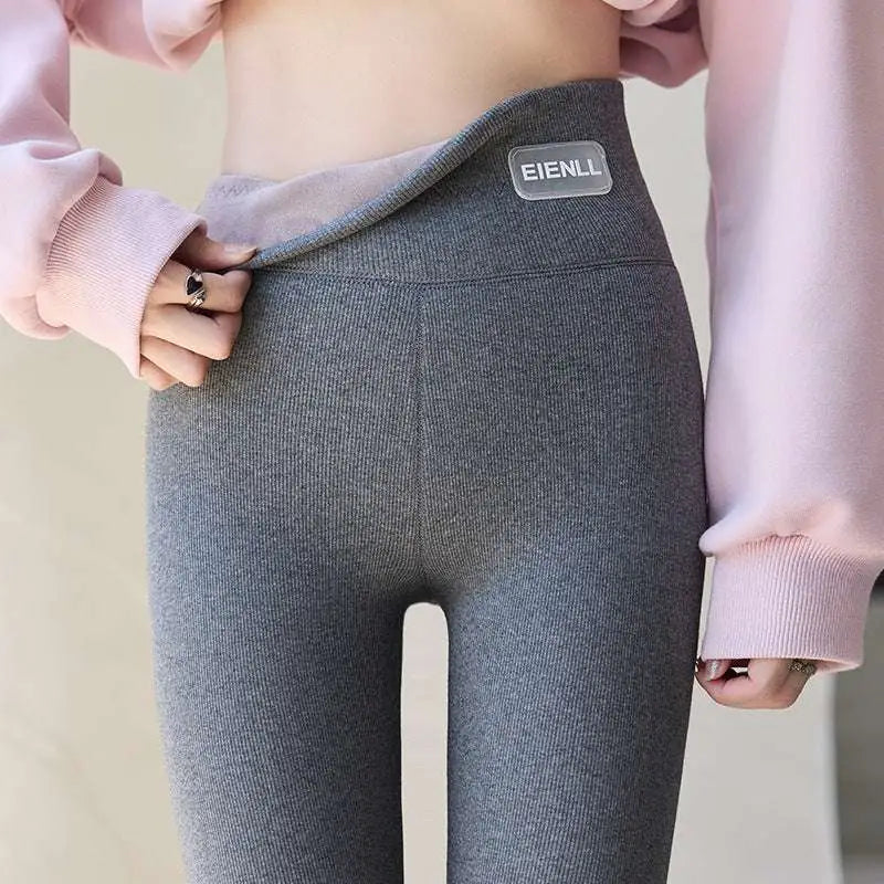 Gray ribbed winter threaded underwear leggings with soft inner lining and waist high elastic by eienll brand