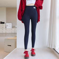 Navy blue high waist elastic threaded underwear leggings featuring a small white logo on the waistband