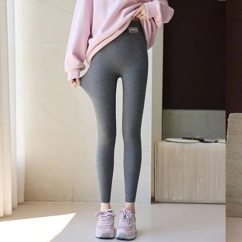 Gray textured threaded underwear leggings with waist high elastic waistband and subtle winter pattern