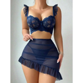 Navy blue lace bra with ruffled straps and matching sheer mesh sexy skirt featuring layered fringed hem