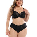 Navy blue lace plus size bra set featuring a lace bra and matching high-waisted panties in black lace