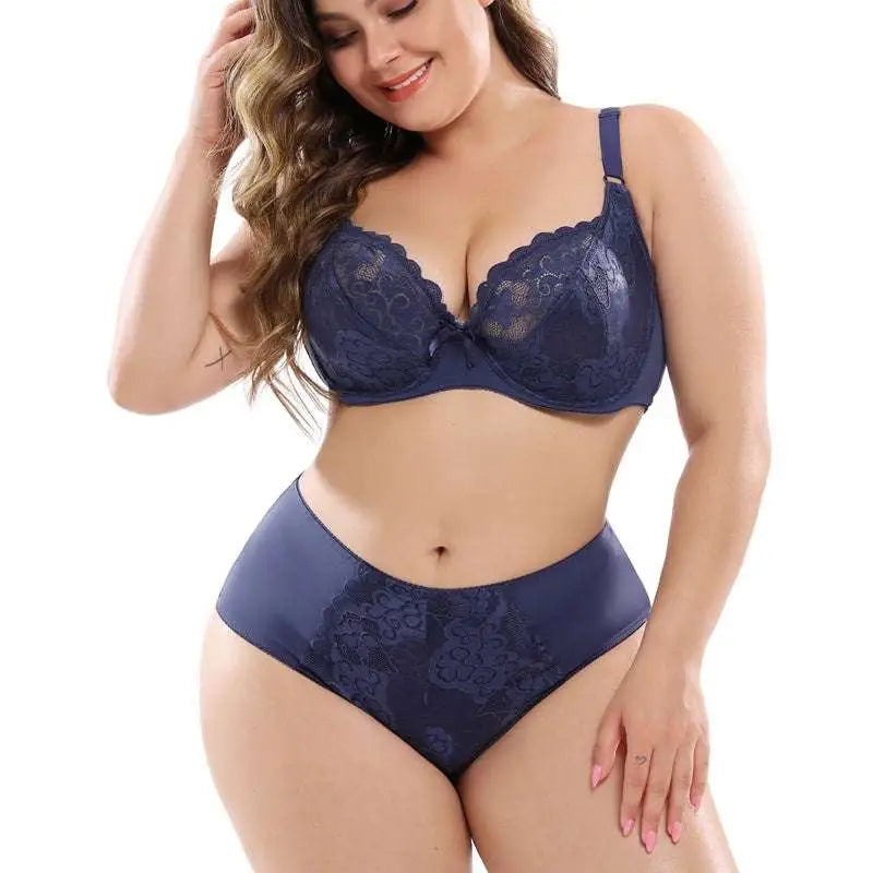 Navy blue lace plus size bra set featuring a lace bra and matching high-waisted panties for elegant comfort