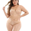 Beige lace plus size bra and matching high-waisted panties set contrasting with navy blue lace collection