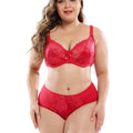 Red lace plus size bra set with central bow and matching high-waisted panties in navy blue lace design