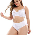 White lace bra and matching high-waisted panties set showcasing lace plus size lingerie details