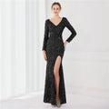 Navy blue long sleeve sequined evening dress with high slit and elegant black sequined fabric details
