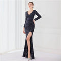 Navy blue long sleeve sequined evening dress with v-neckline, high slit, and mermaid silhouette for formal events