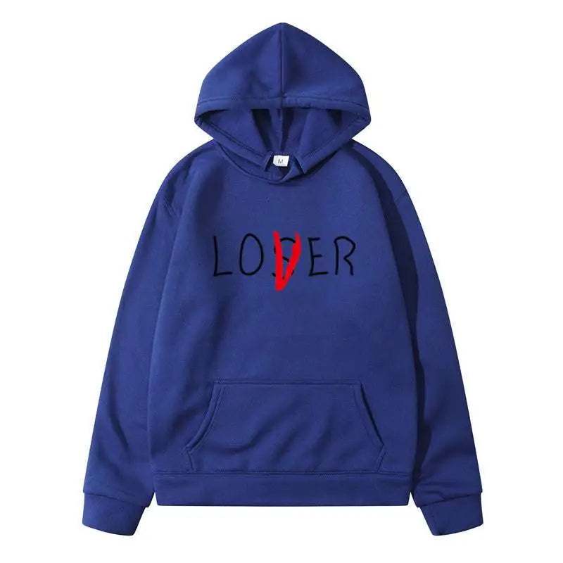 Navy blue lover winter clothes hoodie in royal blue with loser printed black lettering and a bold red slash through v