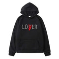 Black winter clothes hoodie with loser printed in white and red v detail, part of the navy blue lover collection